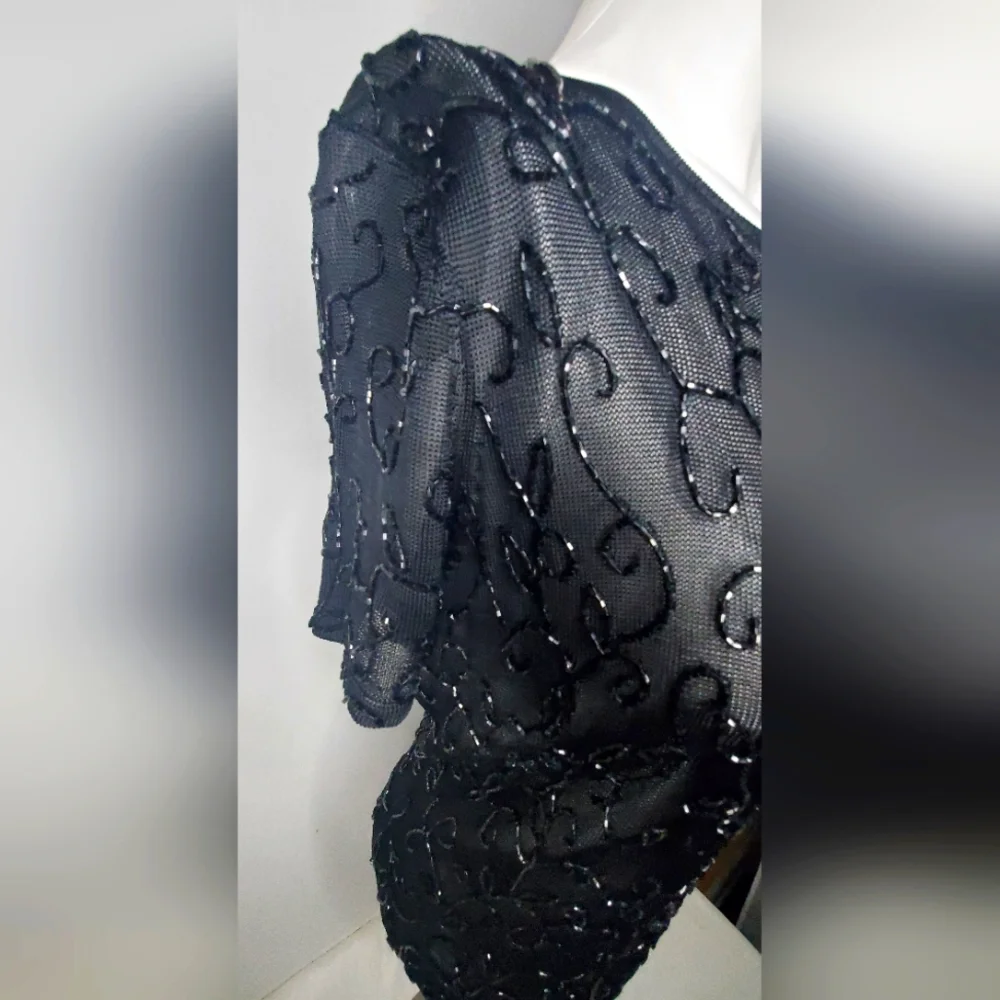 Oscar de la Renta Black Embellished Short Sleeve Top - Knit  Beaded - Picture 5 of 10